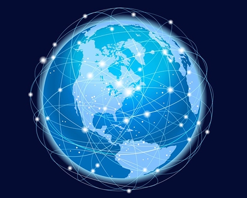Globe with connected network nodes representing global communication.