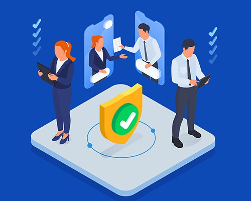 Illustration of business professionals securely sharing documents online, with a shield and checkmark symbolizing data protection and cybersecurity.